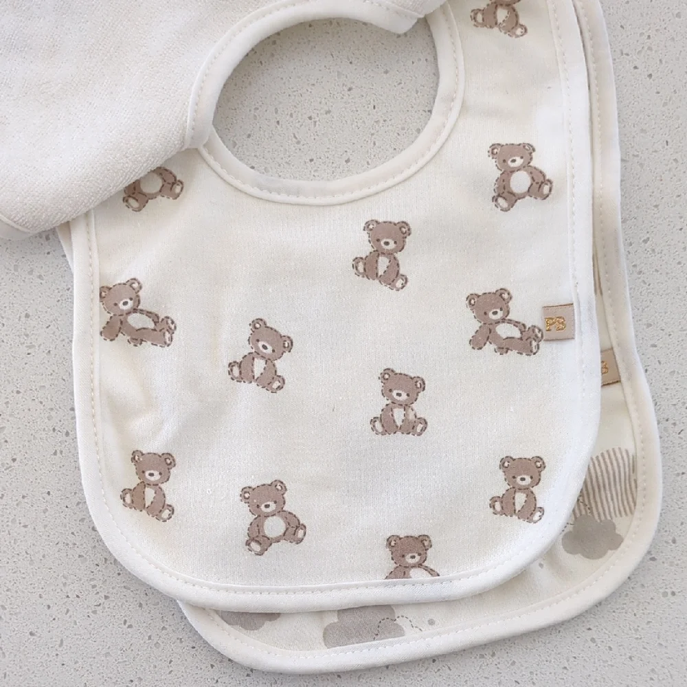 Baby Gift Set - Cream and Gray Baby Bibs, 2 Pairs Of Socks, Car Seat Cover
